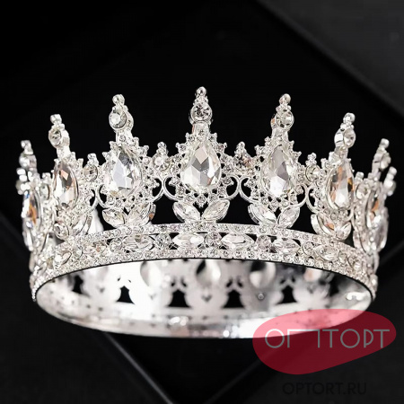 Топпер корона на торт, серебро (15 см, Белые камни)